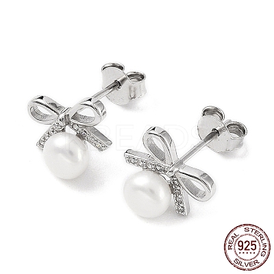 Anti-Tarnish Cubic Zirconia Bowknot with Natural Pearl Stud Earrings EJEW-F318-09P-1