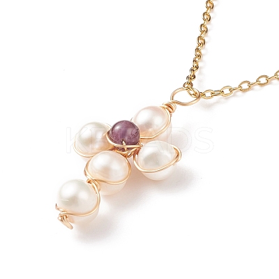 Natural Gemstone & Pearl Braided Cross Pendant Necklace NJEW-JN03920-1