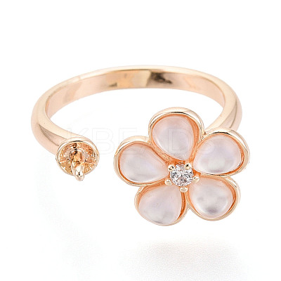 Flower Brass Micro Pave Clear Cubic Zirconia & Shell Cuff Ring Settings KK-T076-75G-1