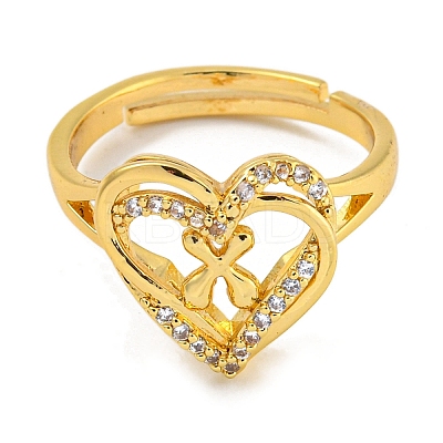 Heart with Letter Rack Plating Brass Micro Pave Clear Cubic Zirconia Adjustable Rings for Women RJEW-I105-01G-X-1