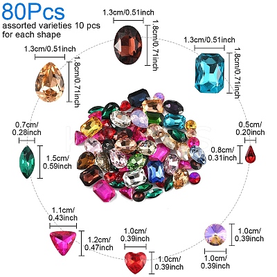 80Pcs 8 Styles Pointed Back Glass Rhinestone Cabochons RGLA-YW0002-08-1
