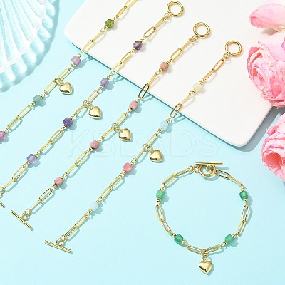 Brass Heart Charm Natural Mixed Stone Faceted Cube Beaded Chain Bracelets BJEW-JB14257-1