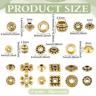 360Pcs 12 Styles Tibetan Style Alloy Spacer Beads FIND-PH0023-79AG-1
