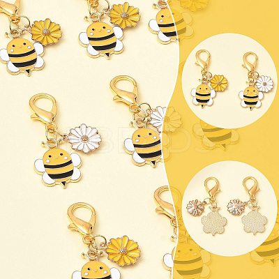 10Pcs 2 Styles Alloy Enamel Bee with Flower Pendant Decorations HJEW-FS00061-1