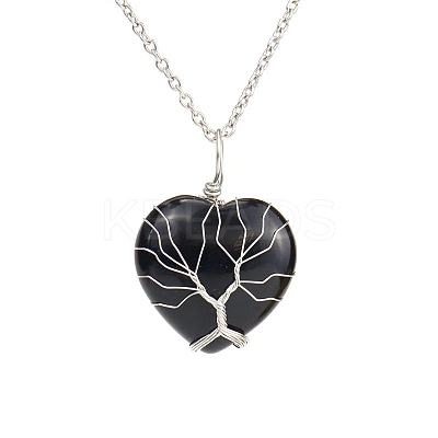 Natural Obsidian Heart Pendant Necklaces PW-WG58330-09-1