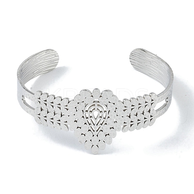Non-Tarnish 304 Stainless Steel Hollow Leaf Open Cuff Bangles for Women BJEW-U002-07P-1