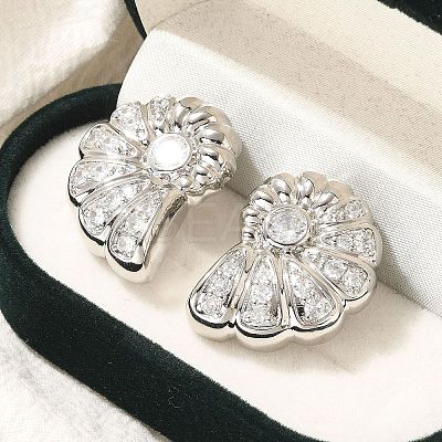 Rack Plating Shell Shape Brass Micro Pave Clear Cubic Zirconia Stud Earrings EJEW-H143-27P-1