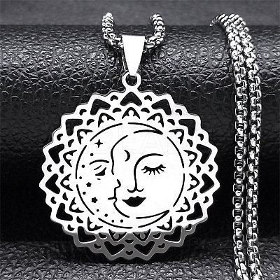 201 Stainless Steel Hollow Moon Star Flower Pendant Necklaces for Women NJEW-K283-35P-1