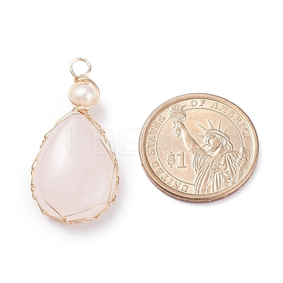 Natural Rose Quartz Copper Wire Wrapped Pendants PALLOY-JF01398-03-1