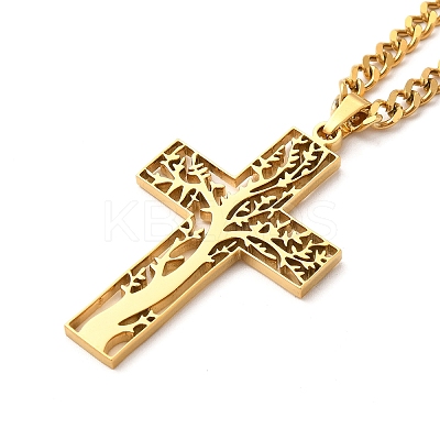 304 Stainless Steel Cross with Tree of Life Pendant Necklaces NJEW-M197-02G-1