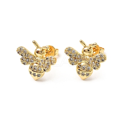 Bees Brass Micro Pave Clear Cubic Zirconia Stud Earrings EJEW-A135-08G-1