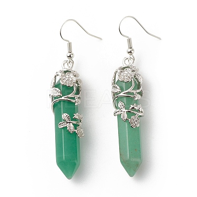 Natural Green Aventurine Bullet with Flower Dangle Earrings EJEW-G300-02P-07-1