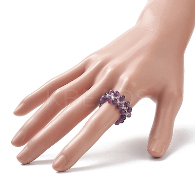 Natural Amethyst & Glass Braided Beaded Stretch Ring for Women RJEW-JR00546-02-1
