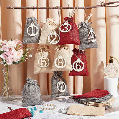 24Pcs 3 Colors Rectangle Christmas Linen Gift Bags with Number 1~24 Pendant Ornaments ABAG-WH0035-039-1