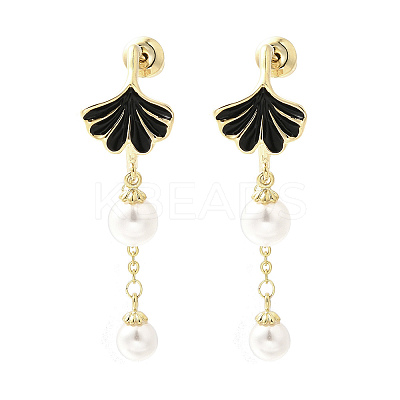 Ginkgo Leaf Brass Enamel & Plastic Imitation Pearl Dangle Stud Earrings LS-EJEW-A121-01G-1