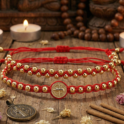 2Pcs 2 Styles Adjustable Brass Round Beads Braided Bracelets SQ0566-3-1