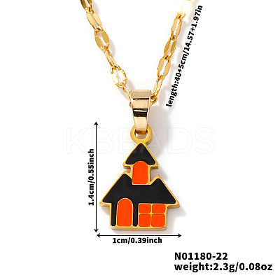 Halloween 304 Stainless Steel Dark Orange Enamel Haunted House Pendant Necklaces European American Fashion Jewelry XI0912-1