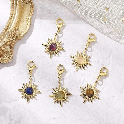 Natural Tiger Eye & Rose Quartz & Lapis Lazuli & Green Aventurine & Amethyst Sun Pendant Decoration HJEW-JM02828-1