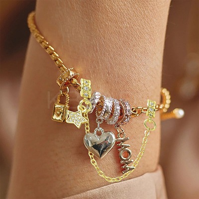 4Pcs 2 Colors Brass Pave Clear Cubic Zirconia European Safety Chains with Charms KK-CJ0003-86-1