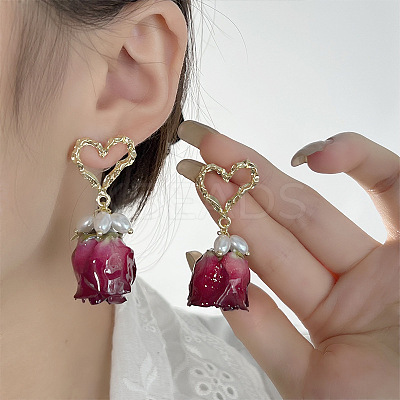 Heart Brass Shell Pearl Dangle Stud Earrings FS-WGDBC6E-02-1