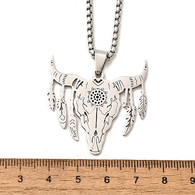 Punk Style 201 Stainless Steel Laser Cut Cattle Head Pendant Box Chain Necklaces for Women Men NJEW-E156-04P-1