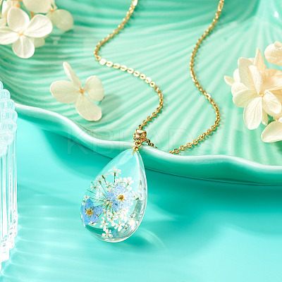 1Pc Dried Flower Stainless Steel Cable Chain Necklaces NJEW-TA0001-19B-1