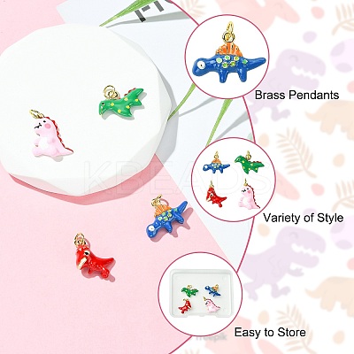 4Pcs 4 Style Dinosaur Rack Plating Brass Enamel Pendants KK-CJ0003-32-1