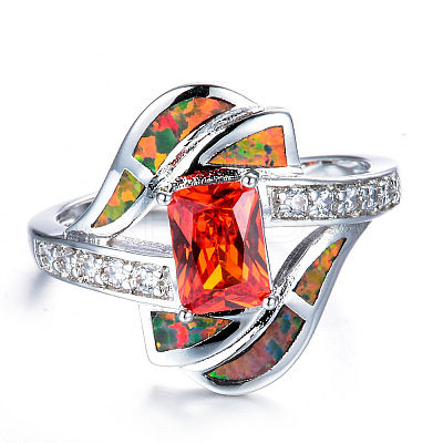 Brass Micro Pave Cubic Zirconia and Opal Finger Rings FS-WG9EA6B-08-1