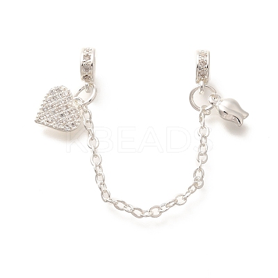 Brass Clear Cubic Zirconia European Safety Chains with Heart & Rose Charms KK-C085-16S-1
