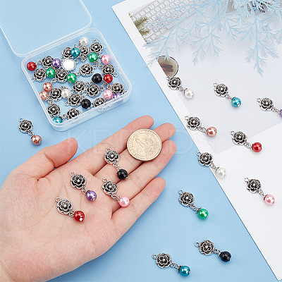 Glass Pearl & ABS Plastic Imitation Pearl Round Pendants and Tibetan Style Findings FIND-PH0008-86-1