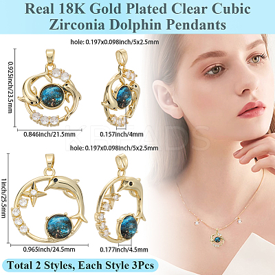 6Pcs 2 Styles Brass Micro Pave Clear Cubic Zirconia with Glass Pendants KK-BBC0019-04-1