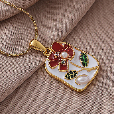 Vintage 304 Stainless Steel Enamel Flower Pendant Necklaces with Imitation Pearl for Women CU9573-1