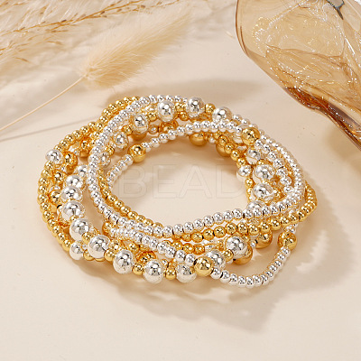 6Pcs 6 Styles Fashion Brass Women's Round Beaded Stretch Bracelet Sets for Layered and Versatile Styles XF3588-2-1