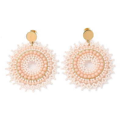 Woven Glass & Brass Beaded Sun Dangle Stud Earrings EJEW-A105-02G-1