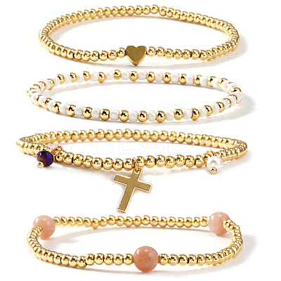 4Pcs Bohemian Beach Heart Round Brass Beaded Stretch Bracelet Sets ZQ1331-1-1