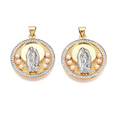 Brass Micro Pave Cubic Zirconia with ABS Imitation Pearl Pendants KK-T070-18G-1