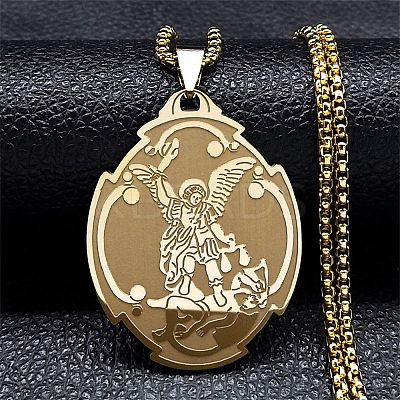 201 Stainless Steel Saint Saint Michael The Archangel Pendant Necklaces for Women NJEW-M105-02G-1