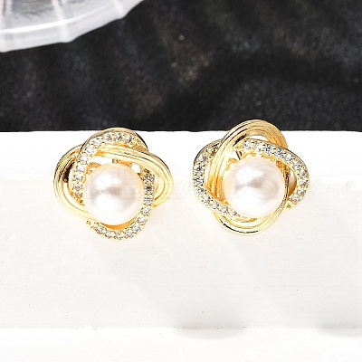 Flower Brass Micro Pave Clear Cubic Zirconia Stud Earrings EJEW-A135-23G-1