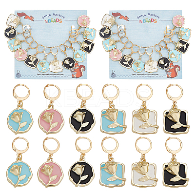 Alloy Enamel Flat Round/Square with Rose Pendant Locking Stitch Markers HJEW-AB00004-1