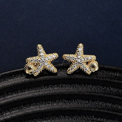 Brass Micro Pave Clear Cubic Zirconia Earrings LS-EJEW-D328-03G-02-1