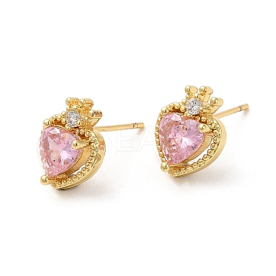 Rack Plating Brass Crown with Love Stud Earrings with Cubic Zirconia EJEW-D061-60G-1