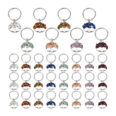 32 Pcs 8 Colors Natural Gemstone Tree of Life Keychains KEYC-PH01571-1