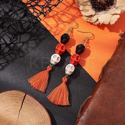 3 Pairs 3 Colors Halloween Skull Synthetic Dyed Turquoise Dangle Earrings EJEW-JE05883-1