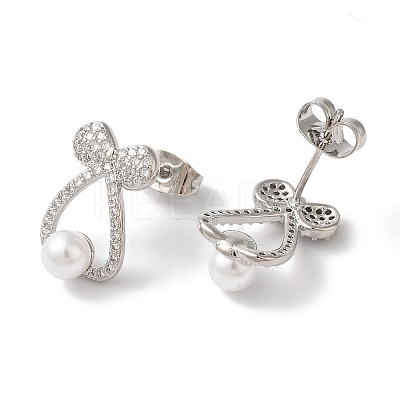 Bowknot Brass Micro Pave Clear Cubic Zirconia Stud Earrings EJEW-A110-06P-1