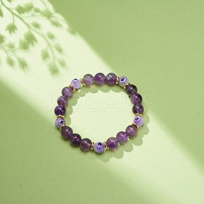 Natural Amethyst & Lampwork Evil Eye Round Beaded Stretch Bracelet BJEW-JB08713-06-1