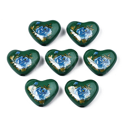 Flower Printed Opaque Acrylic Heart Beads SACR-S305-28-N02-1