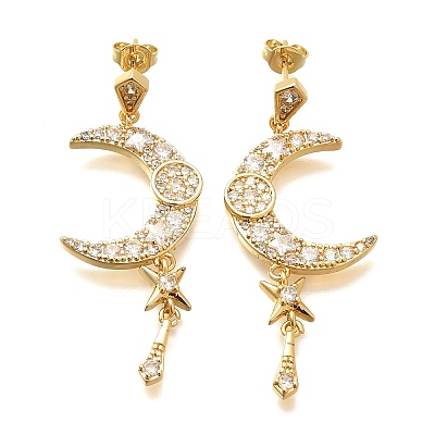 Moon Brass Micro Pave Clear Cubic Zirconia Dangle Stud Earrings EJEW-C126-10G-1