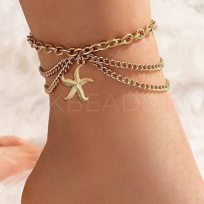 Summer Beach 304 Stainless Steel Starfish Charm 3 Layer Anklets for Women LS-AJEW-F069-01G-1