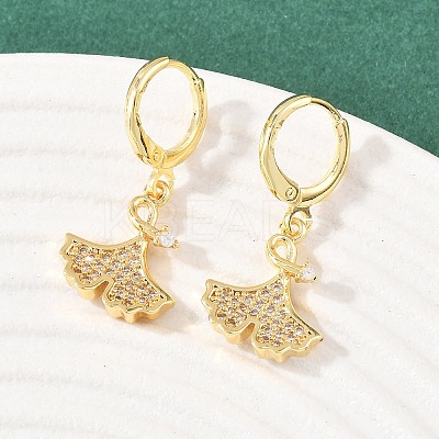 Leaf Brass Micro Pave Clear Cubic Zirconia Hoop Earrings EJEW-B154-01G-1