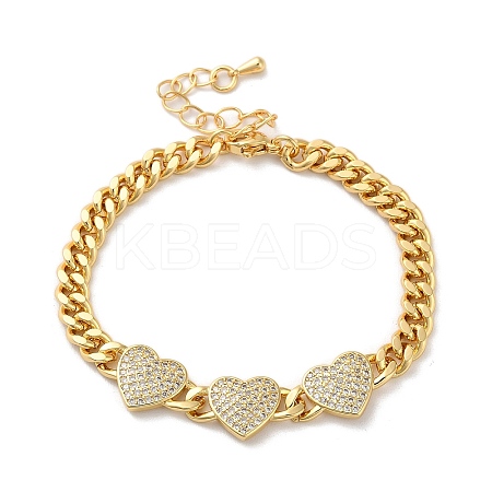 Brass Micro Pave Clear Cubic Zirconia Triple Heart Cuban Link Chains Bracelets for Women BJEW-M322-05G-B-1
